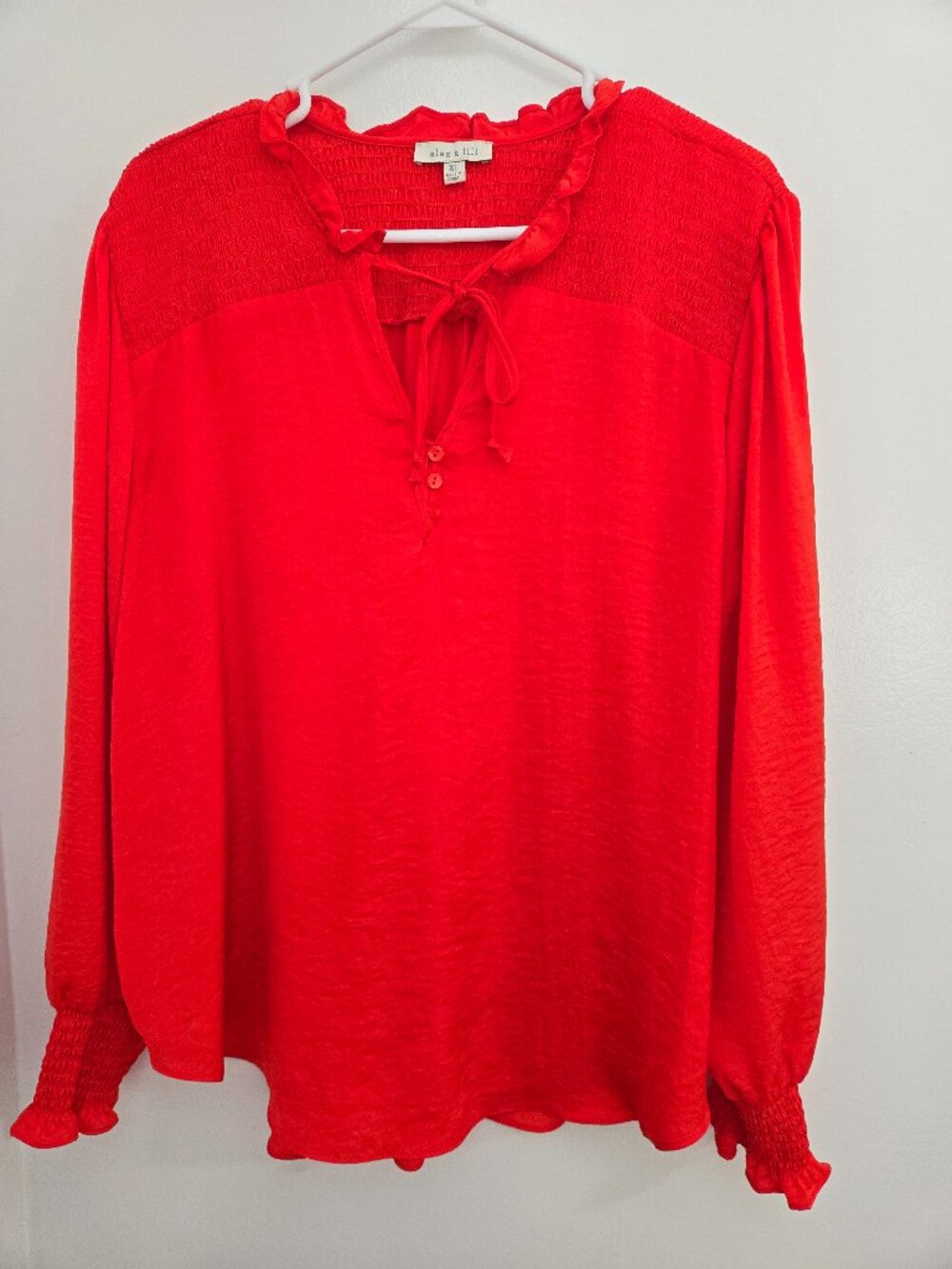 Alex & Lili Vibrant Red Long Sleeve Peasant Blouse – Smocked Shoulders-Tie Neck